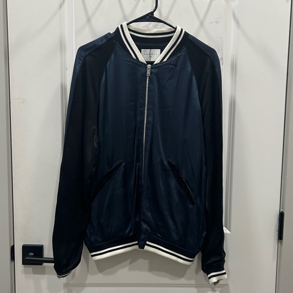 SANDRO Black & Blue Satin Bomber Jacket Large - Picture 2 of 8